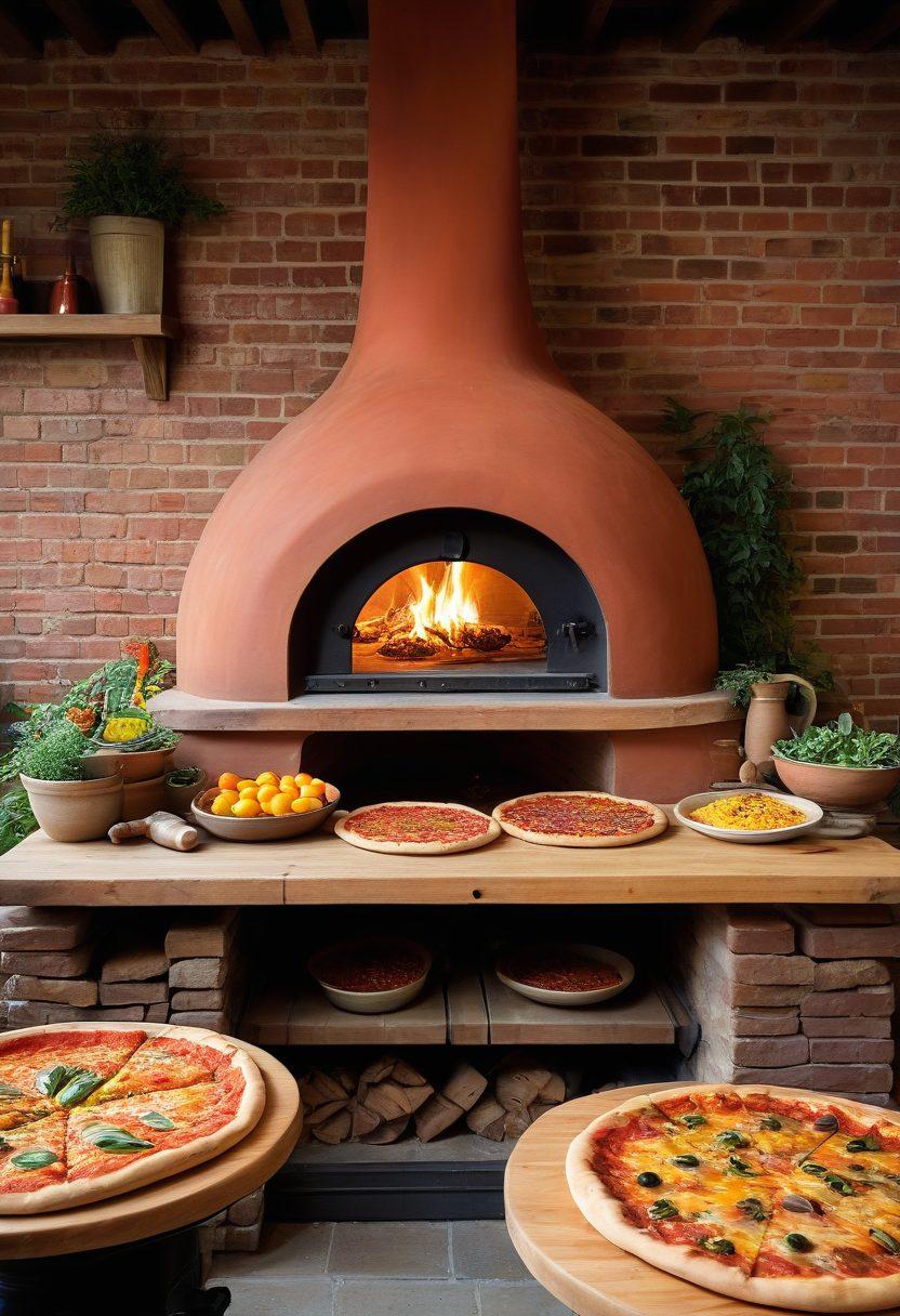 A vibrant, rustic pizza oven surrounded by an array of unique pizzas, each showcasing different toppings and styles representing diverse cultures. Include lively herbs and ingredients scattered around, and a warm, inviting atmosphere filled with rich colors. Add a wooden table featuring a variety of traditional pizza-making tools, reflecting the art of pizza craftsmanship. super-realistic. vibrant colors. warm tones.