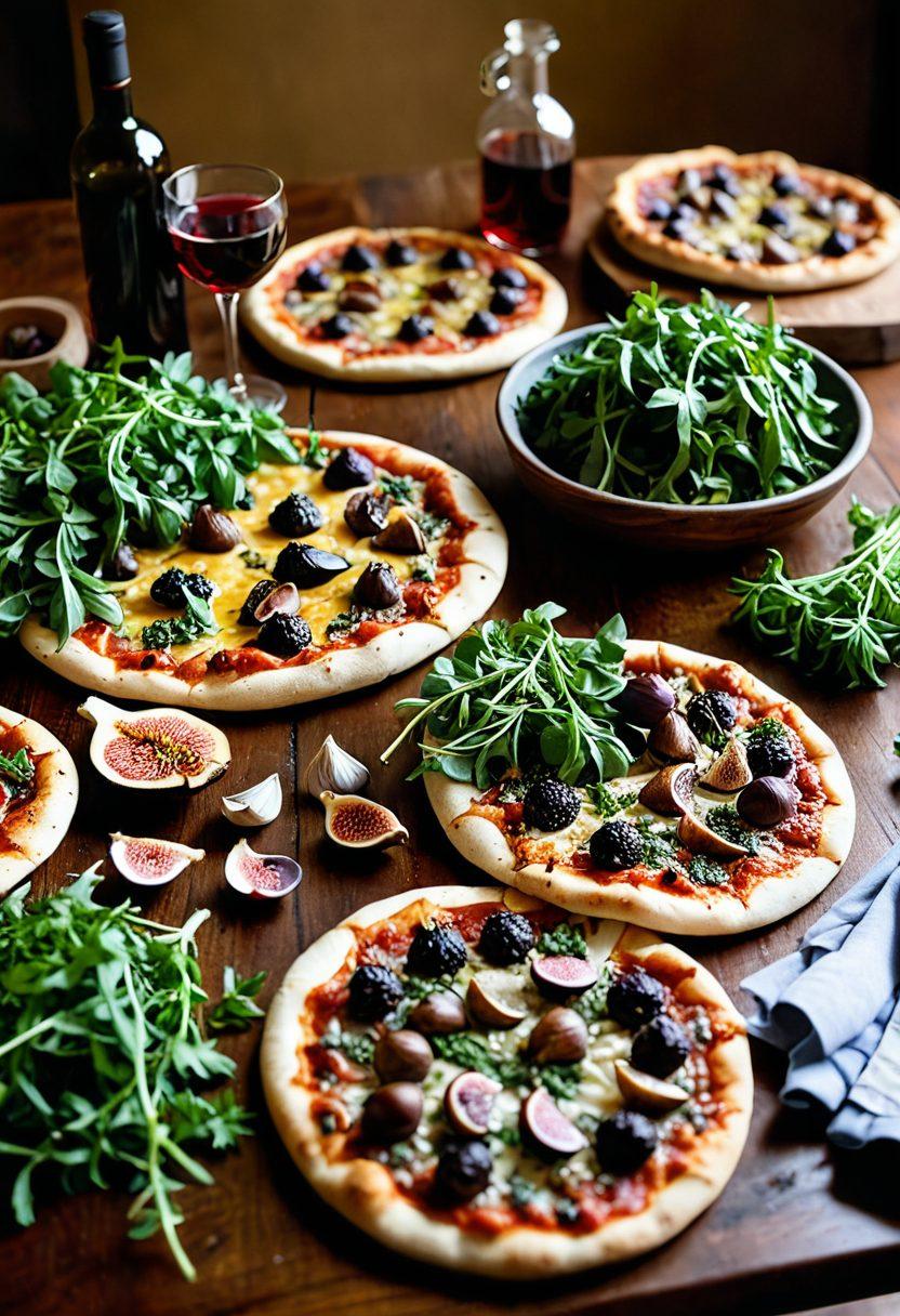 A rustic wooden table adorned with a variety of gourmet pizzas, each with unique toppings like truffle oil, arugula, and figs. Include a sprinkle of fresh herbs and a glass of red wine beside the pizzas. In the background, a soft focus of a charming Italian kitchen with hanging garlic and herbs. Evoke a warm, inviting atmosphere that sparks curiosity in viewers. vibrant colors. soft focus. natural lighting.
