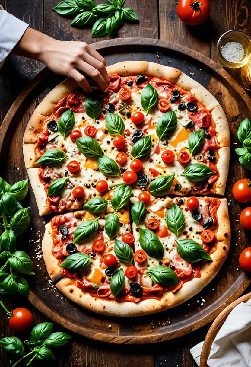 A vibrant, beautifully styled pizza on a rustic wooden table, topped with an array of colorful ingredients like fresh basil, tomatoes, gooey melted cheese, and various toppings artfully arranged. In the background, a vintage pizza oven glowing with warmth, with flour scattered around and a chef's hands preparing dough. The atmosphere is cozy and inviting, evoking the passion for perfect pizza-making. super-realistic. vibrant colors. soft natural lighting.